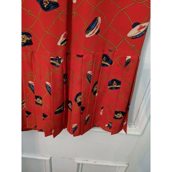 Adolfo Red Nautical Dress Gold Buttons Size L-XL Pleated Vintage Design - Picture 8 of 9